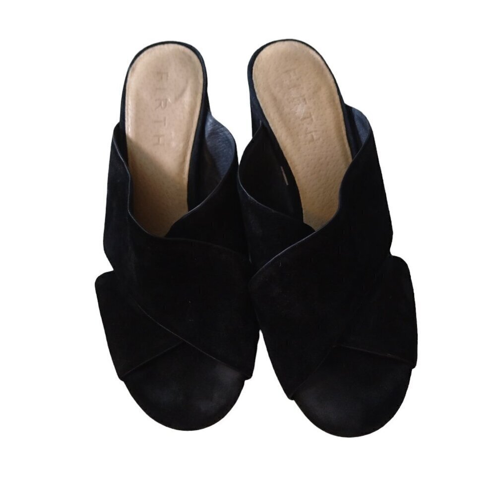 Firth Size 7 Black Suede Block Heel Slip On Strappy Sandals Office Work Party